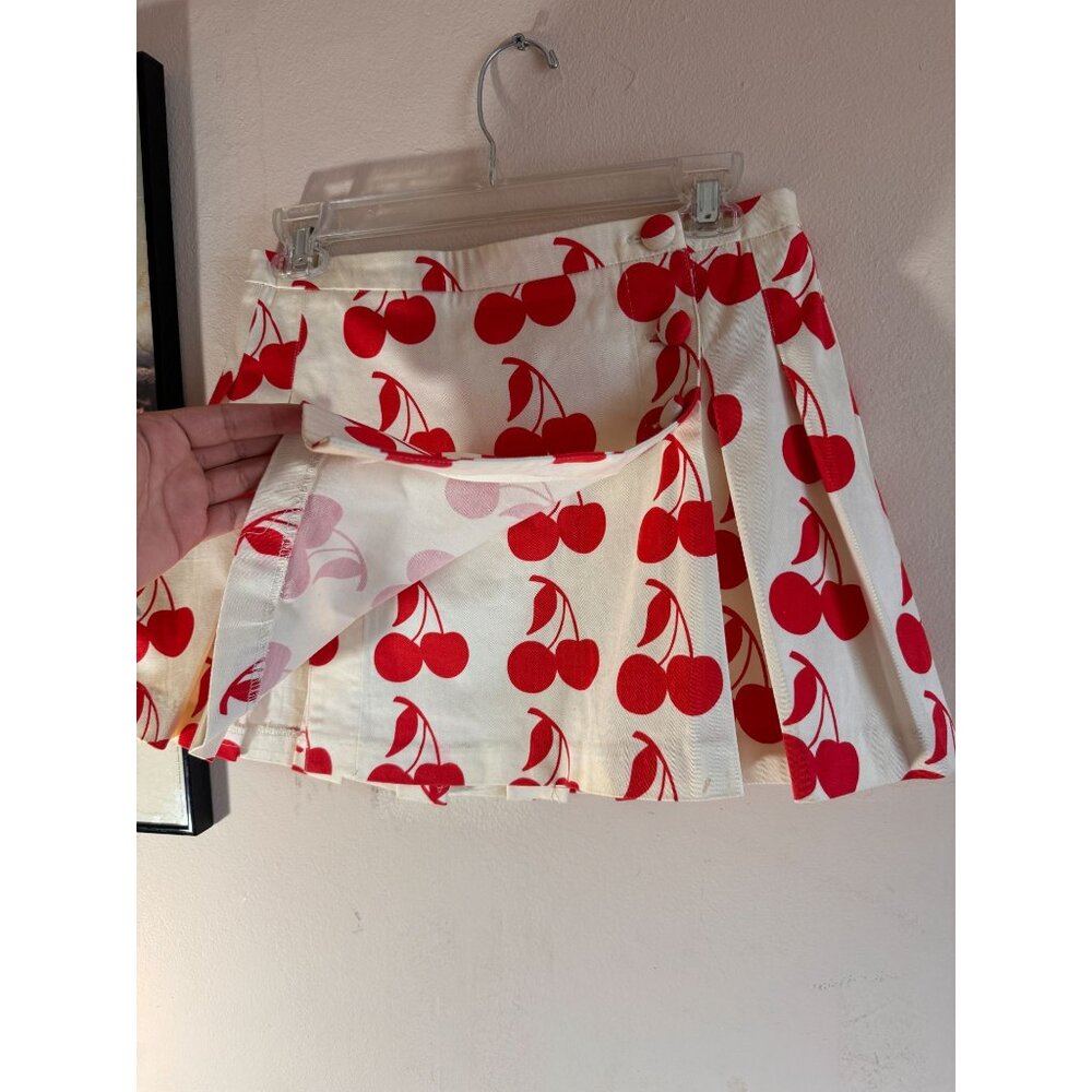 Vintage Luella Bartley Cherry Print Pleated Wrap Mini Skirt Size 3 - Picture 4 of 9